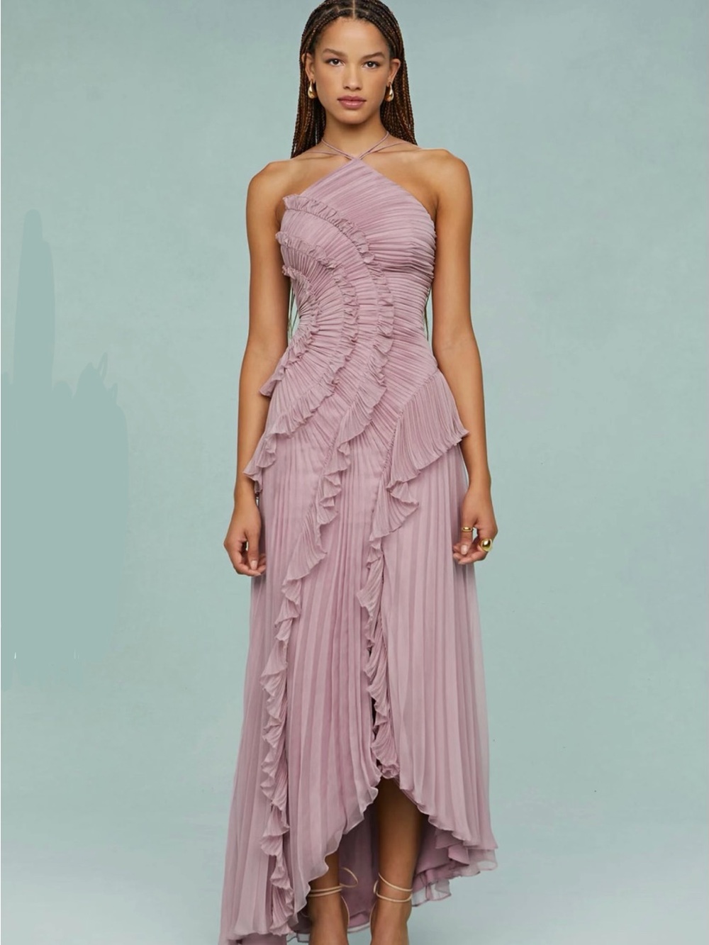 Mauve Ruffled Pleat Maxi Dress